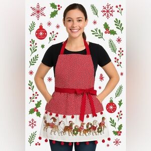 Pier 1 Imports Christmas Dogs Apron Red Polka Dot Holiday Kitchen Cotton Pom Pom